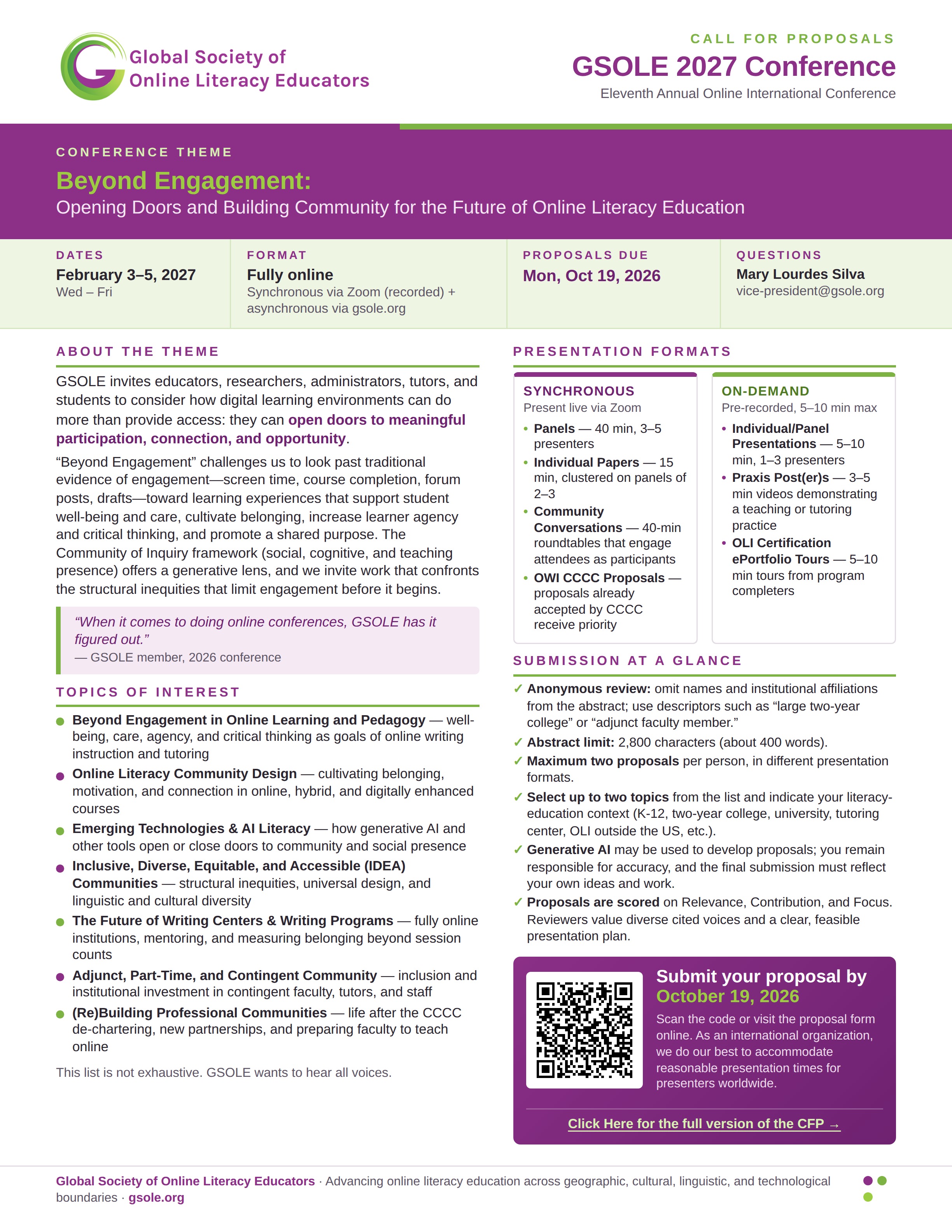 Conference flyer for the GSOLE 2027 Conference: Beyond Engagement, hosted by the Global Society of Online Literacy Educators. The fully online event takes place February 3–5, 2027, with proposals due October 19, 2026. Includes presentation formats, submission guidelines, topics of interest, and a QR code to submit.