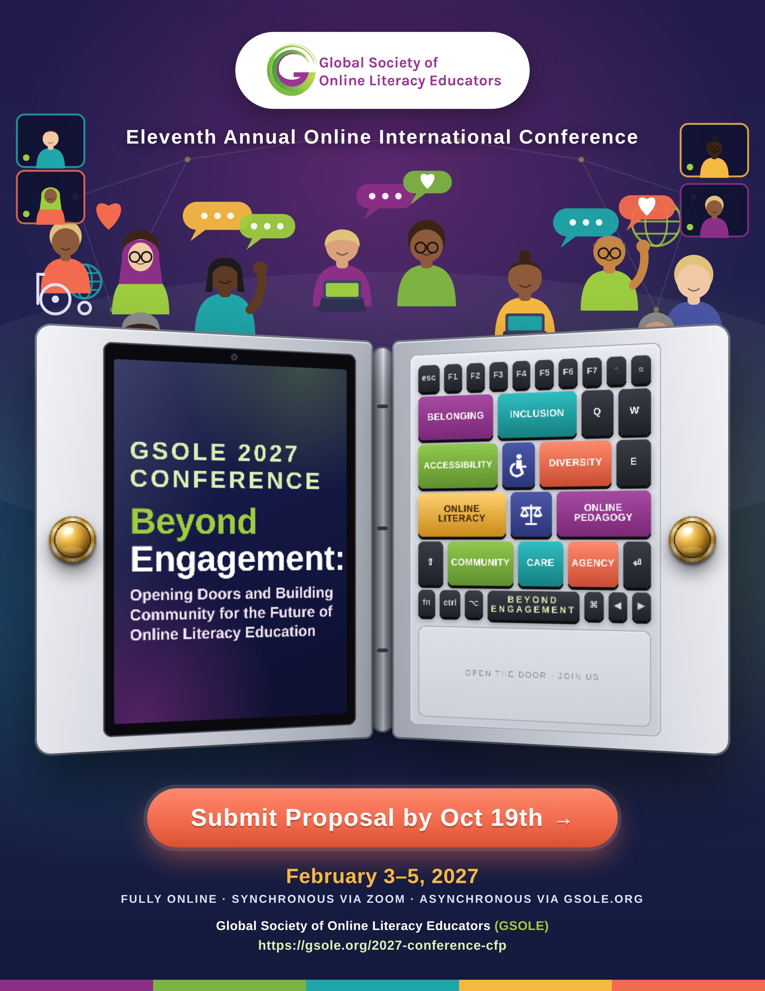 Promotional Graphic for the GSOLE 2027 Conference: Beyond Engagement, taking place online February 3–5, 2027. Features an open tablet device shaped like double doors, surrounded by diverse avatars and colorful custom keycaps labeled with core values like Belonging, Inclusion, Accessibility, Diversity, and Community. Includes a "Submit Proposal by Oct 19th" button.